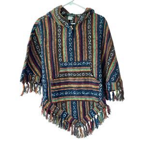 Kathmandu Imports Cotton Stripe Fringe Bohemian Festival Poncho Size large